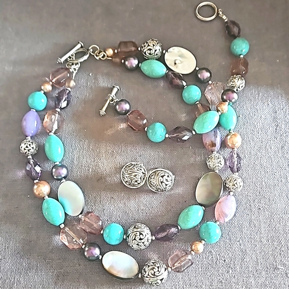 Premier Designs set Necklace, bracelet & earrings beautiful! Silver, turquoise - Picture 1 of 9